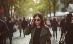 the woman in sunglasses walks down the sidewalk