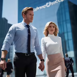 a man and woman in business attire walking together