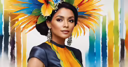 a woman with colorful feathered headpiece posing for the camera