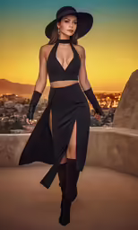 the model is wearing black in a halter top and slit skirt