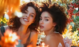 two young women sitting next to each other posing for the camera