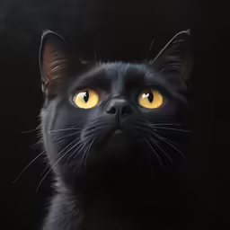 a black cat with yellow eyes and a dark background