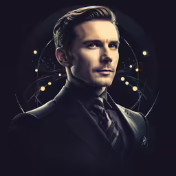 a man in a suit with glowing circles behind him