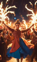 a woman in a long blue dress dancing around with sparkle sticks