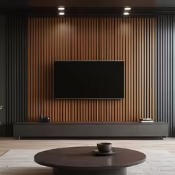 a living room with a black coffee table and tv on it