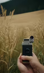 a person holding an old fashioned camera in their hand