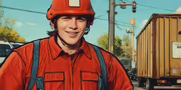 an image of a male with a safety helmet,a worker with a red helmet standing in the street