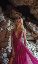 a woman poses wearing a deep pink long dress