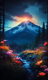 a scenic view with some trees and a mountain