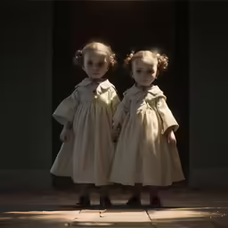 two girls in dresses are standing next to each other