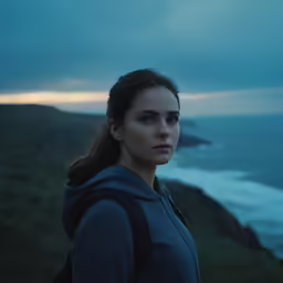 a woman in a black hoodie standing in front of the ocean
