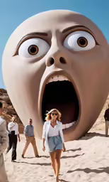 a model walks past an animated object in the shape of a head