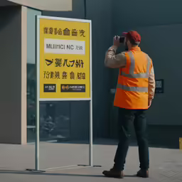 the man wearing an orange jacket is on the phone near a sign