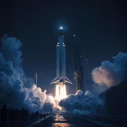 a space shuttle in flight at night with smoke billowing from its stacks