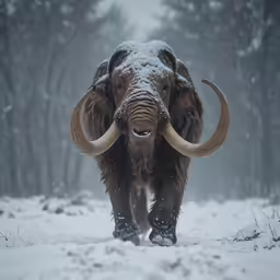 an animal with long tusks is walking through a snowy field