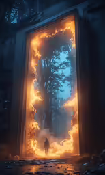an image of a man standing in the midst of fire