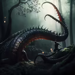 a dragon statue with spikes stands in the woods