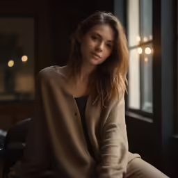 a woman sitting in front of a window next to a table