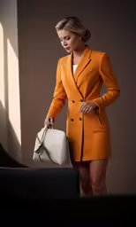 woman in orange and white is holding a purse