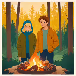a couple standing in front of a campfire,two people standing next to each other in front of a campfire