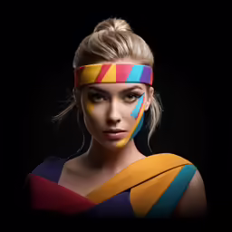 a woman with a colorful strip of paint on her face and a neck tie