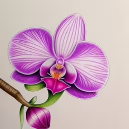 a close up of a painting of a purple flower with leaves,a drawing of flowers on paper on the wall