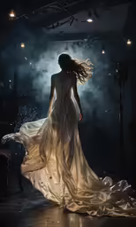 a model walks in a dress as she glides in the air