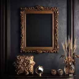 an ornate frame hangs over a console with decorative objects