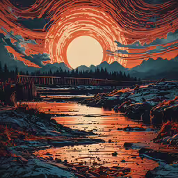 the sun sets over a mountain and lake,a painting of a landscape with trees and water