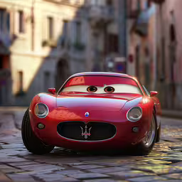 a red masera is on the street,a red sports car on the street next to a row of buildings