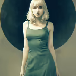 an anime girl standing in front of a big black object