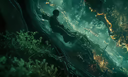 a dark character looks out into a woods