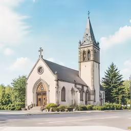 an old church sitting in the middle of a street