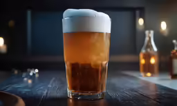 an iced glass with something on a table