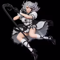 an animated figure with long hair and grey hair in white dress holding a black umbrella