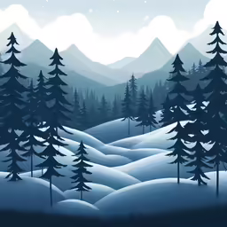 a snowy field with trees and mountains in the background