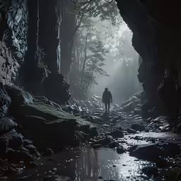 a man is standing in the middle of a wet forest