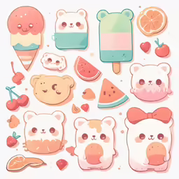 a series of kawaia cartoon animals and ice cream sandwiches