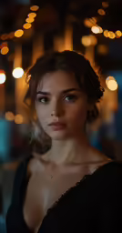 a close up of a woman wearing a choker necklace