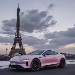 the new sports car pink in front of the eiffel tower