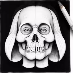 a pencil drawing of a person with a wig on their head and the other half eaten skull