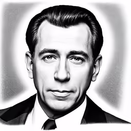 a black and white drawing of a man wearing a suit