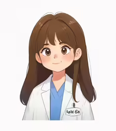 a cartoon woman with long hair and glasses wearing a lab coat