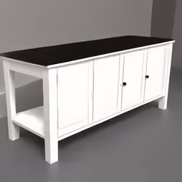white wood entertainment console unit with black top