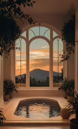 a very fancy window overlooking the mountains and water