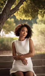 a woman posing in front of a tree