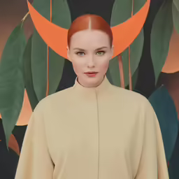 a woman with red hair is wearing a beige top and has her hands on the hips