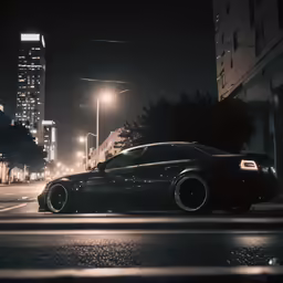 a car parked on the side of a street at night