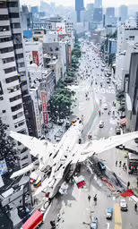 large airplane in the middle of an urban intersection