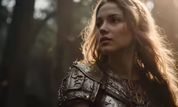 a young woman with long hair wearing armor